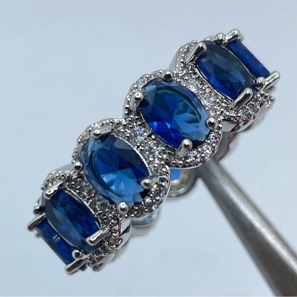 Sapphire Blue CZ Eternity Band Silver Halo Ring Bold Statement Stacking Sz 8 - Picture 3 of 6